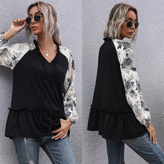Damen Viskose-Longbluse mit V-Ausschnitt, Rüschen-Taille und kontrastierenden Raglanärmeln Shop Nory