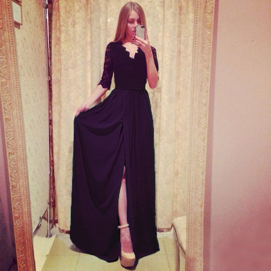 Damen Zweiteiliges Abendkleid mit Spitzen-Corsage, V-Ausschnitt & Maxirock mit hohem Beinschlitz Shop Nory
