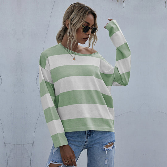 Damen Lockerer gestreifter Pullover mit Carmen-Ausschnitt und Oversize-Schnitt Shop Nory