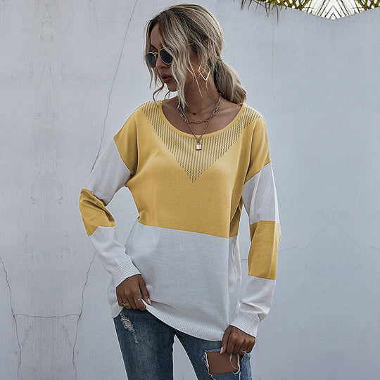 Damen Lässiger Strickpullover mit V-Ausschnitt und Farbblock Shop Nory