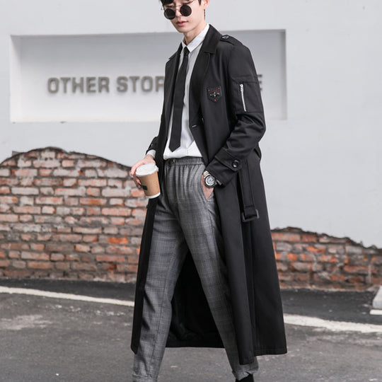 Herren Lang geschnittener Trenchcoat im modernen Citystil mit Ärmel-Reißverschluss und Schalkragen Shop Nory