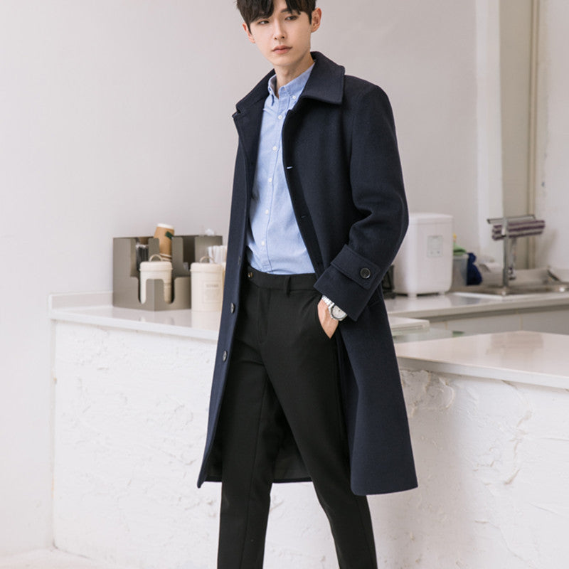 Herren Longcoat aus Wollmix mit verdeckter Knopfleiste Taillengürtel und klassischem Revers Shop Nory