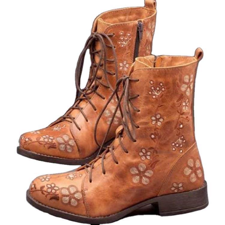 Damen bestickte Combat-Stiefelette mit floralem Stickmotiv, seitlicher Reißverschluss und gepolstertem Komfortfußbett Shop Nory