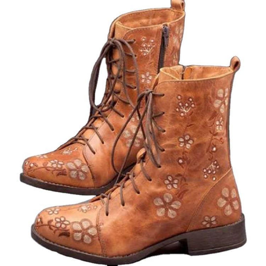 Damen bestickte Combat-Stiefelette mit floralem Stickmotiv, seitlicher Reißverschluss und gepolstertem Komfortfußbett Shop Nory