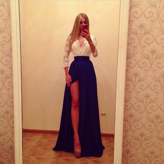 Damen Zweiteiliges Abendkleid mit Spitzen-Corsage, V-Ausschnitt & Maxirock mit hohem Beinschlitz Shop Nory