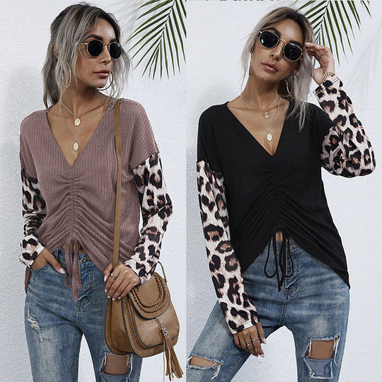 Damen Geripptes V-Ausschnitt-Longsleeve mit Raffung & Leo-Ärmeln Shop Nory