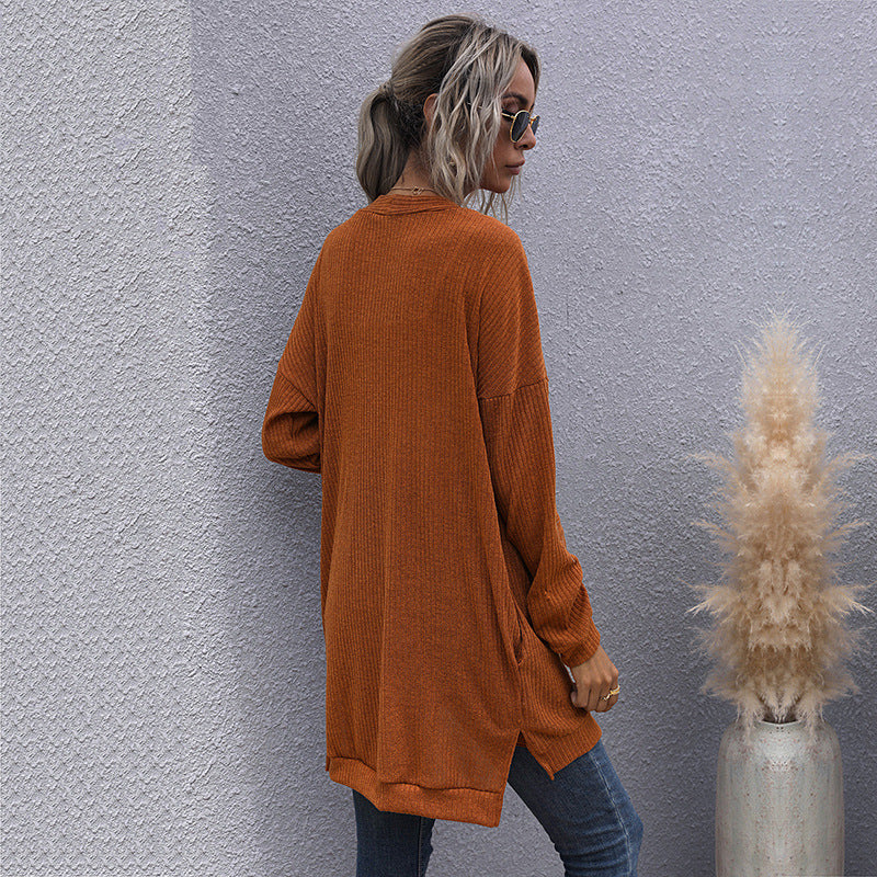 Damen Longline Rippstrick-Cardigan mit Knopfleiste, Eingrifftaschen und Oversize-Silhouette Shop Nory