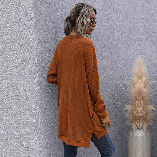 Damen Longline Rippstrick-Cardigan mit Knopfleiste, Eingrifftaschen und Oversize-Silhouette Shop Nory