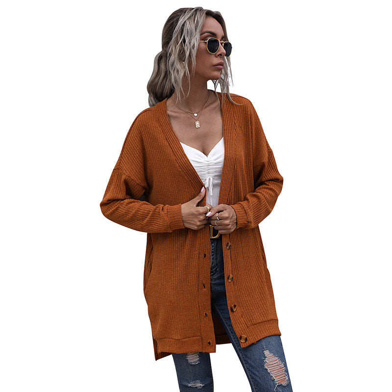 Damen Longline Rippstrick-Cardigan mit Knopfleiste, Eingrifftaschen und Oversize-Silhouette Shop Nory