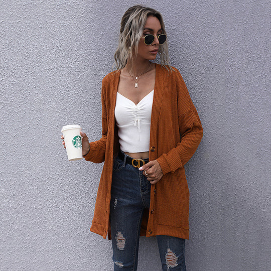 Damen Longline Rippstrick-Cardigan mit Knopfleiste, Eingrifftaschen und Oversize-Silhouette Shop Nory