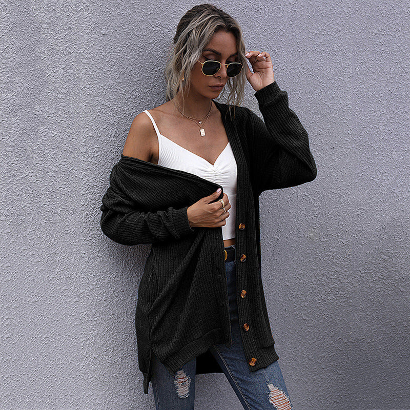 Damen Longline Rippstrick-Cardigan mit Knopfleiste, Eingrifftaschen und Oversize-Silhouette Shop Nory