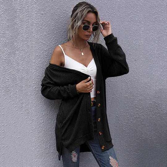 Damen Longline Rippstrick-Cardigan mit Knopfleiste, Eingrifftaschen und Oversize-Silhouette Shop Nory