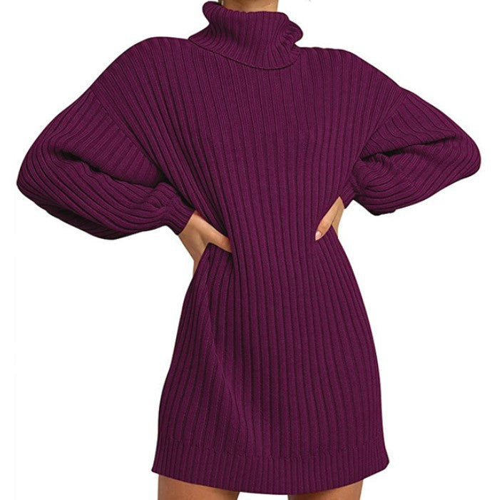 Damen Strickkleid mit hohem Kragen und weit geschnittenen Ärmeln