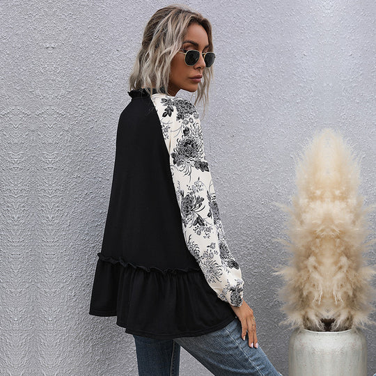 Damen Viskose-Longbluse mit V-Ausschnitt, Rüschen-Taille und kontrastierenden Raglanärmeln Shop Nory