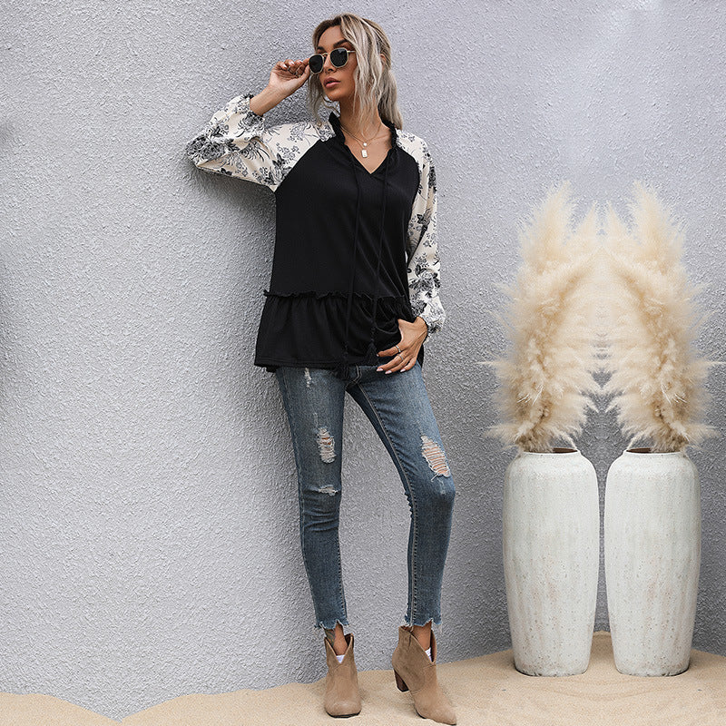 Damen Viskose-Longbluse mit V-Ausschnitt, Rüschen-Taille und kontrastierenden Raglanärmeln Shop Nory