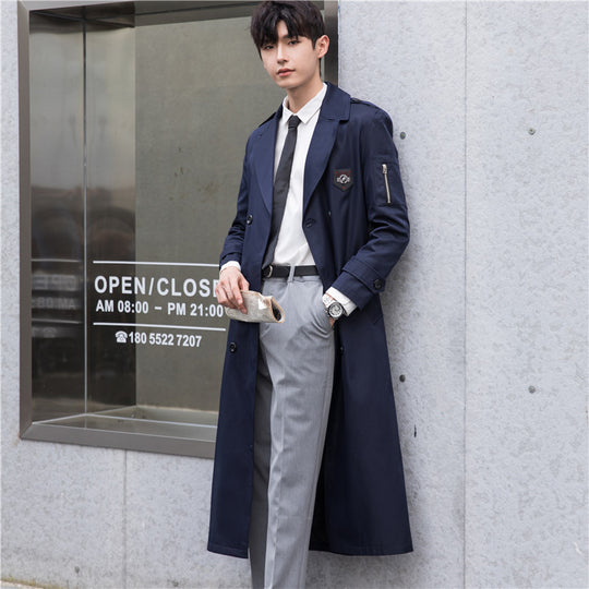 Herren Lang geschnittener Trenchcoat im modernen Citystil mit Ärmel-Reißverschluss und Schalkragen Shop Nory