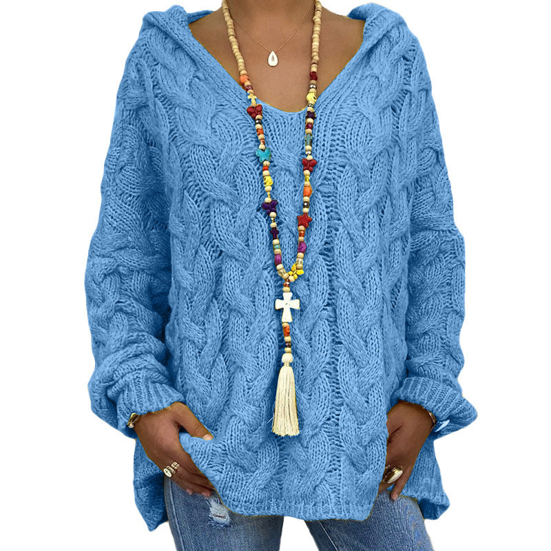 Damen nan oversized Kapuzenpullover mit Zopfmuster, tiefem V-Ausschnitt und seitlichen Schlitzen Shop Nory