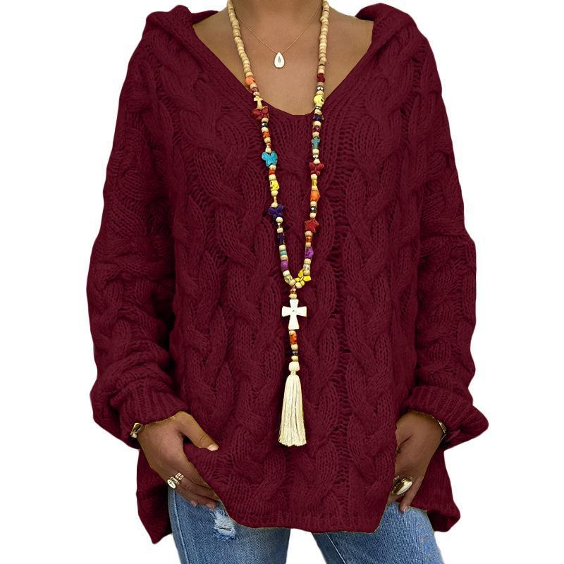 Damen nan oversized Kapuzenpullover mit Zopfmuster, tiefem V-Ausschnitt und seitlichen Schlitzen Shop Nory