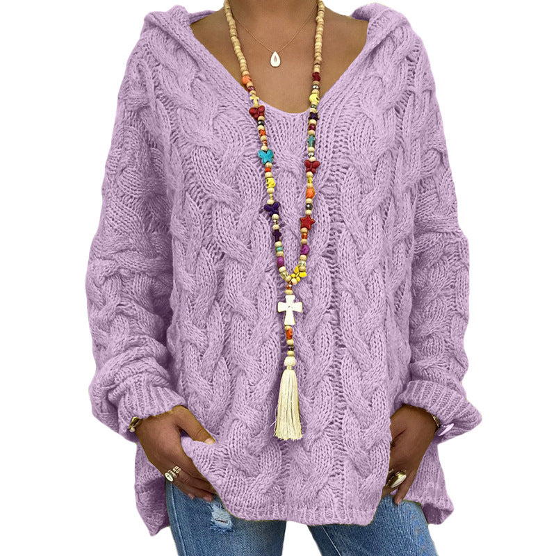 Damen nan oversized Kapuzenpullover mit Zopfmuster, tiefem V-Ausschnitt und seitlichen Schlitzen Shop Nory