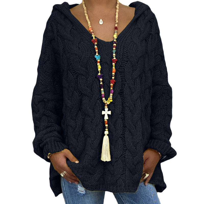 Damen nan oversized Kapuzenpullover mit Zopfmuster, tiefem V-Ausschnitt und seitlichen Schlitzen Shop Nory