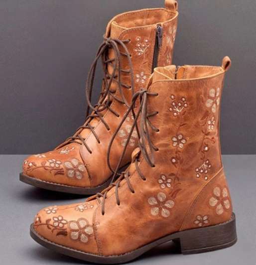 Damen bestickte Combat-Stiefelette mit floralem Stickmotiv, seitlicher Reißverschluss und gepolstertem Komfortfußbett Shop Nory