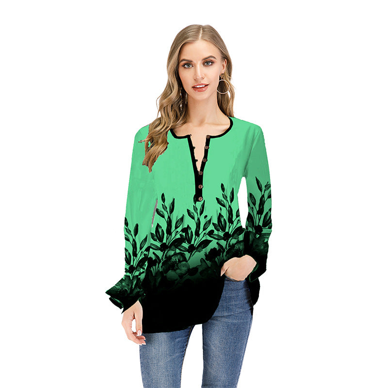 Damen Lockeres Langarm-Tunika-Shirt mit Henley-Knopfleiste und floralem Ombre-Print Shop Nory