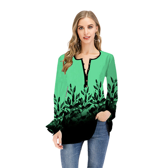 Damen Lockeres Langarm-Tunika-Shirt mit Henley-Knopfleiste und floralem Ombre-Print Shop Nory