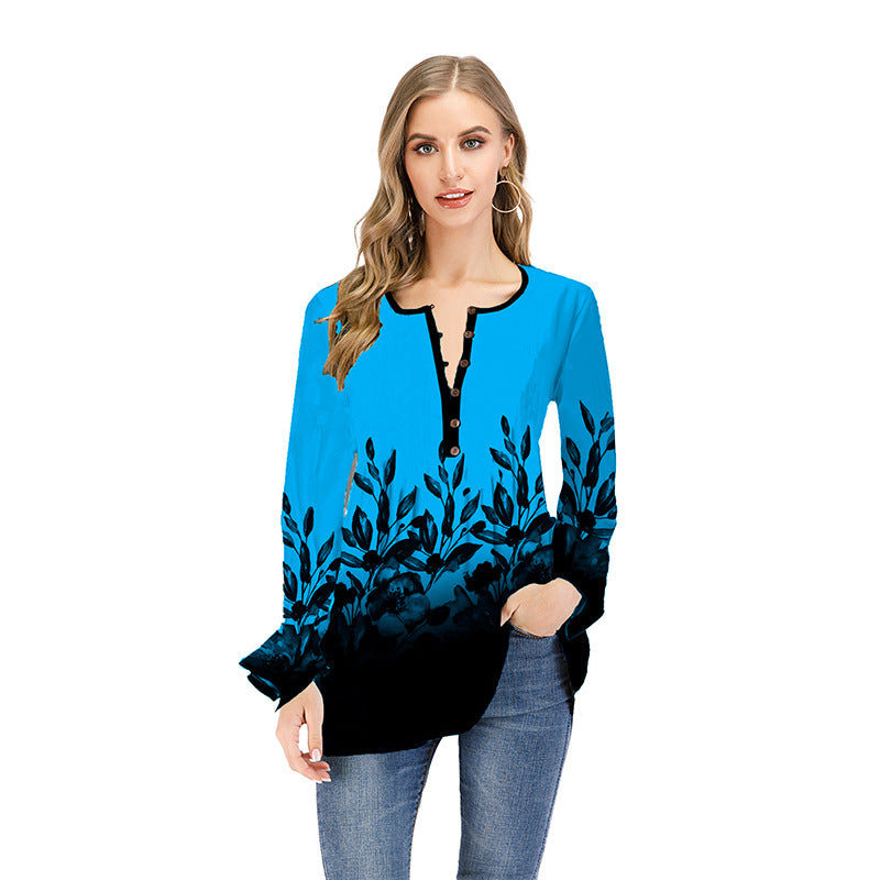 Damen Lockeres Langarm-Tunika-Shirt mit Henley-Knopfleiste und floralem Ombre-Print Shop Nory