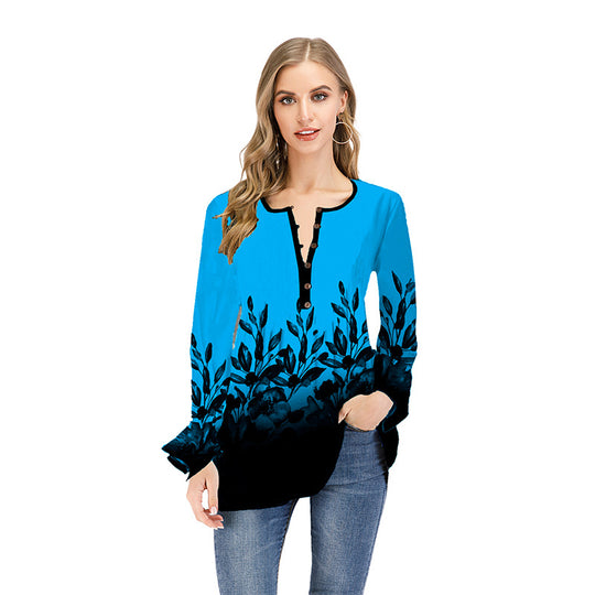 Damen Lockeres Langarm-Tunika-Shirt mit Henley-Knopfleiste und floralem Ombre-Print Shop Nory