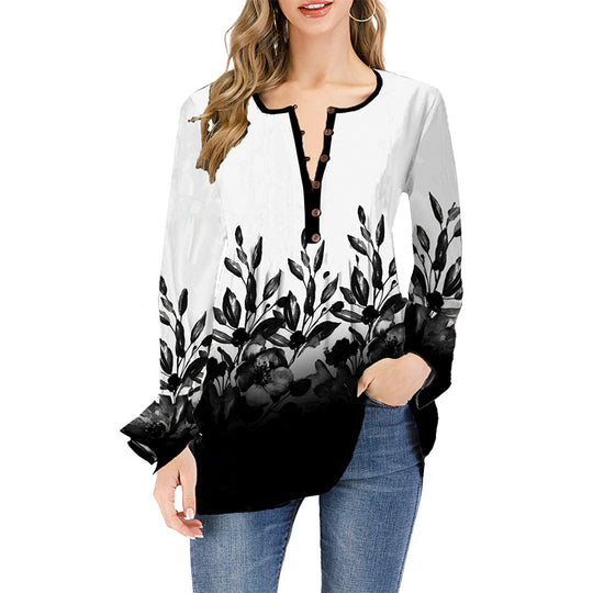 Damen Lockeres Langarm-Tunika-Shirt mit Henley-Knopfleiste und floralem Ombre-Print Shop Nory