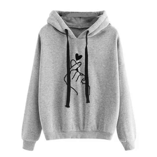 Damen Oversize-Kapuzenpullover mit Fingerherz‑Print und Kordelzug Shop Nory