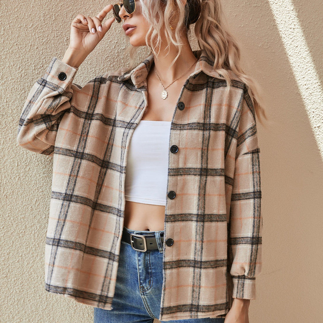 Damen Oversize Karierte Hemdjacke aus gebürstetem Flanell mit Knopfleiste Shop Nory