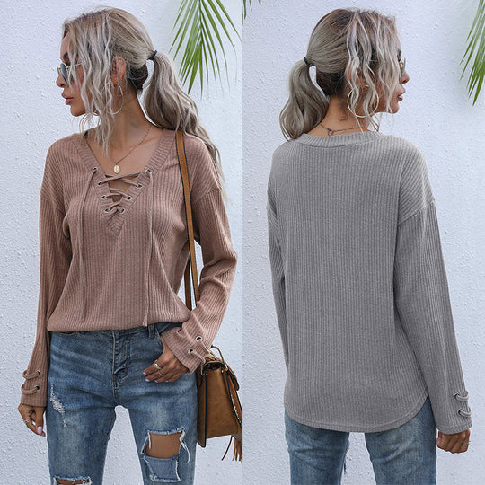 Damen Gerippter V-Ausschnitt Pullover mit Schnürdetail und lockerer Passform Shop Nory