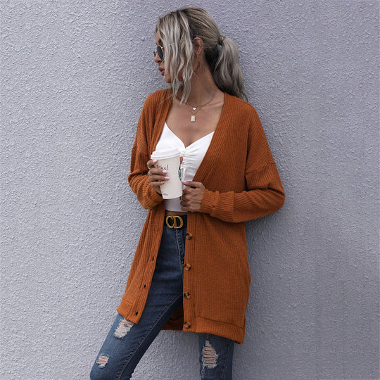 Damen Longline Rippstrick-Cardigan mit Knopfleiste, Eingrifftaschen und Oversize-Silhouette Shop Nory