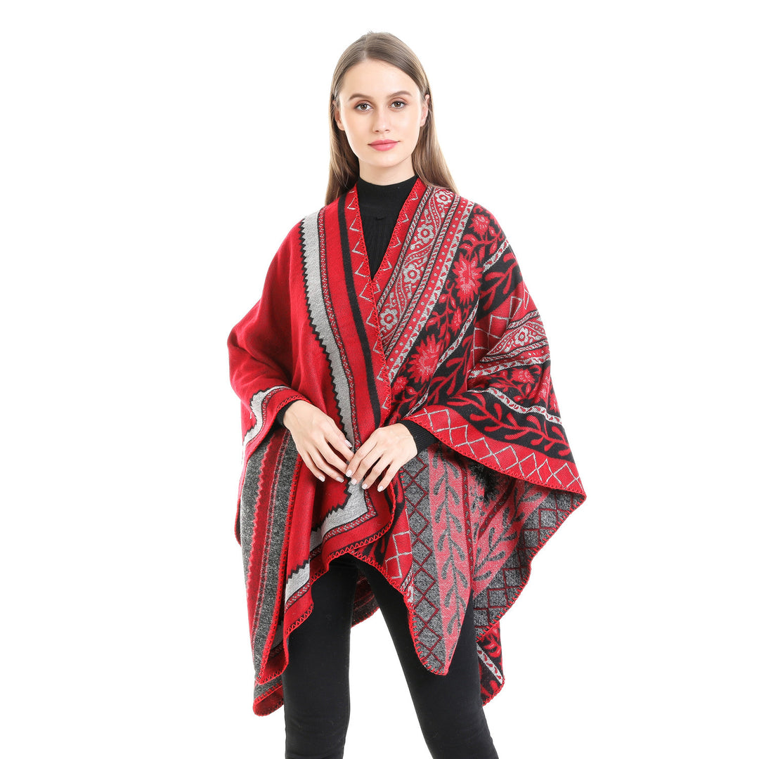 Damen Oversize-Ruana-Poncho mit Ornament-Jacquard und gehäkelter Kettelnaht Shop Nory