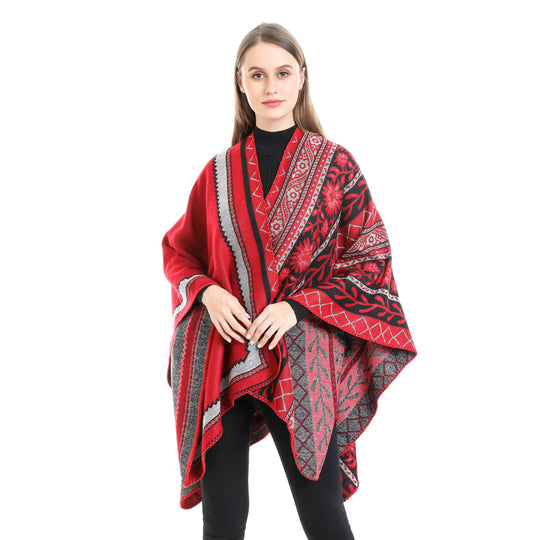 Damen Oversize-Ruana-Poncho mit Ornament-Jacquard und gehäkelter Kettelnaht Shop Nory