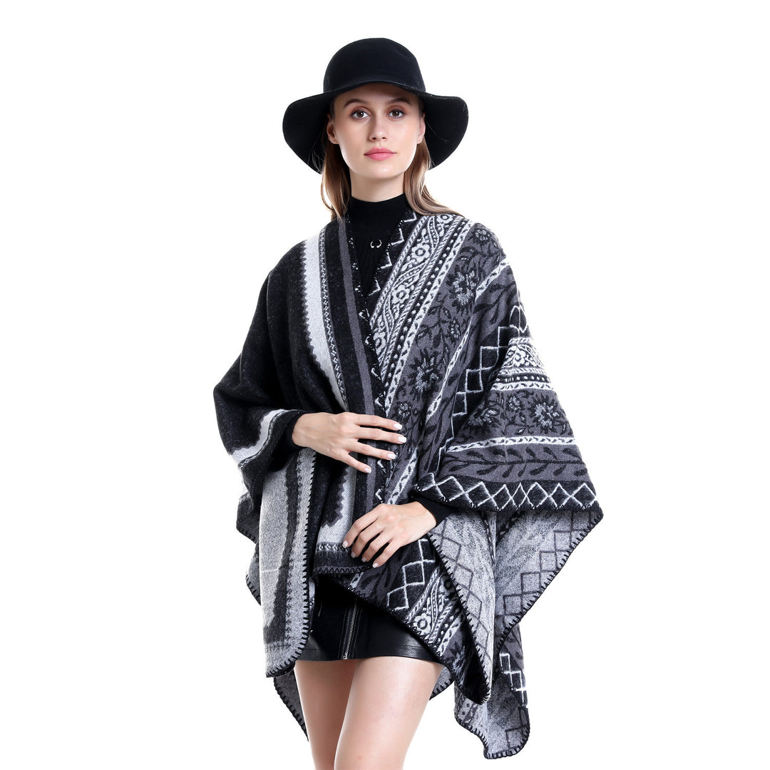 Damen Oversize-Ruana-Poncho mit Ornament-Jacquard und gehäkelter Kettelnaht Shop Nory