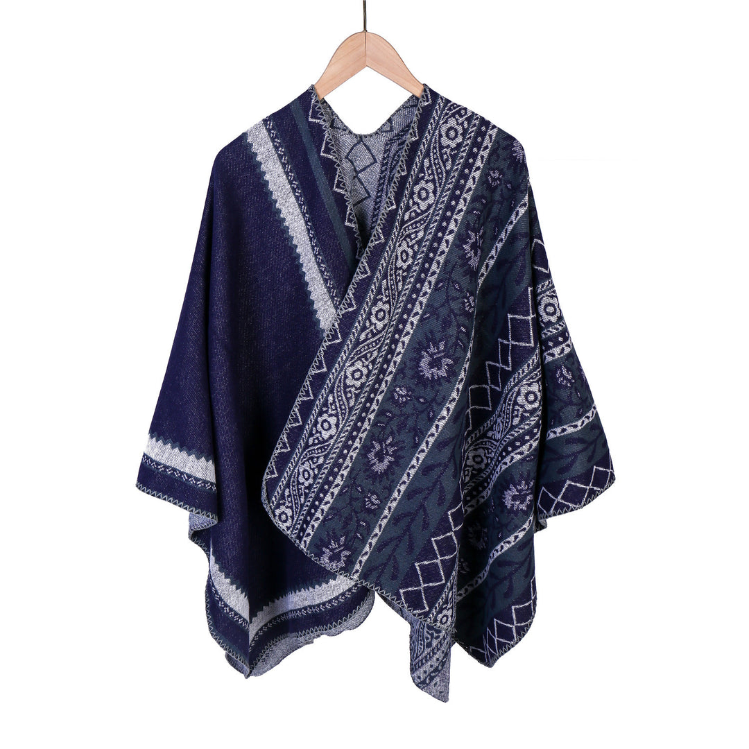 Damen Oversize-Ruana-Poncho mit Ornament-Jacquard und gehäkelter Kettelnaht Shop Nory