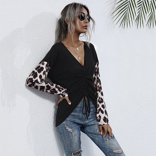 Damen Geripptes V-Ausschnitt-Longsleeve mit Raffung & Leo-Ärmeln Shop Nory