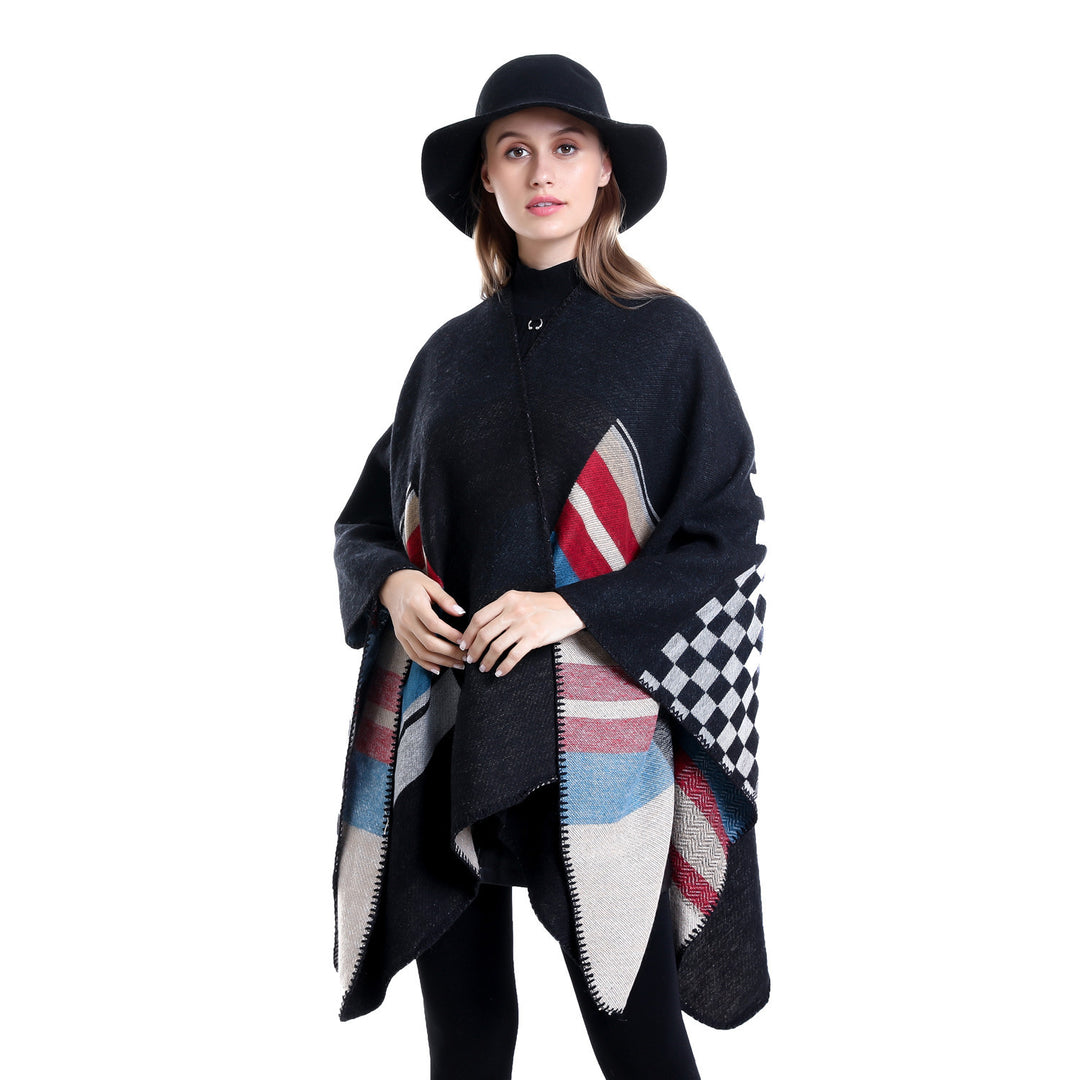 Damen Gestreifter Wollmix-Ruana mit offenem Fall und Ziernaht Shop Nory