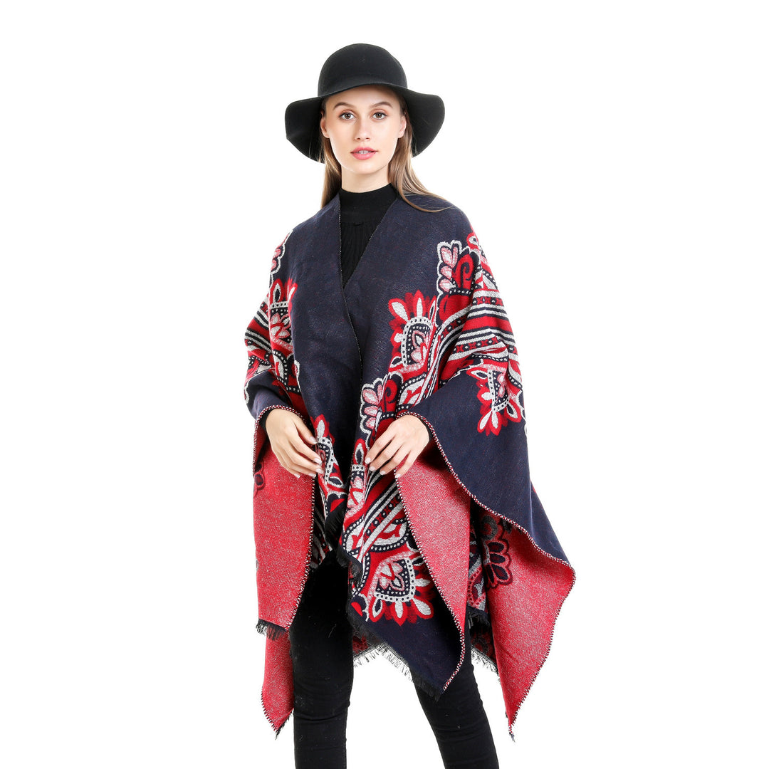 Damen Boho-Ruana mit floralem Ornamentjacquard und ausgefranster Kante Shop Nory