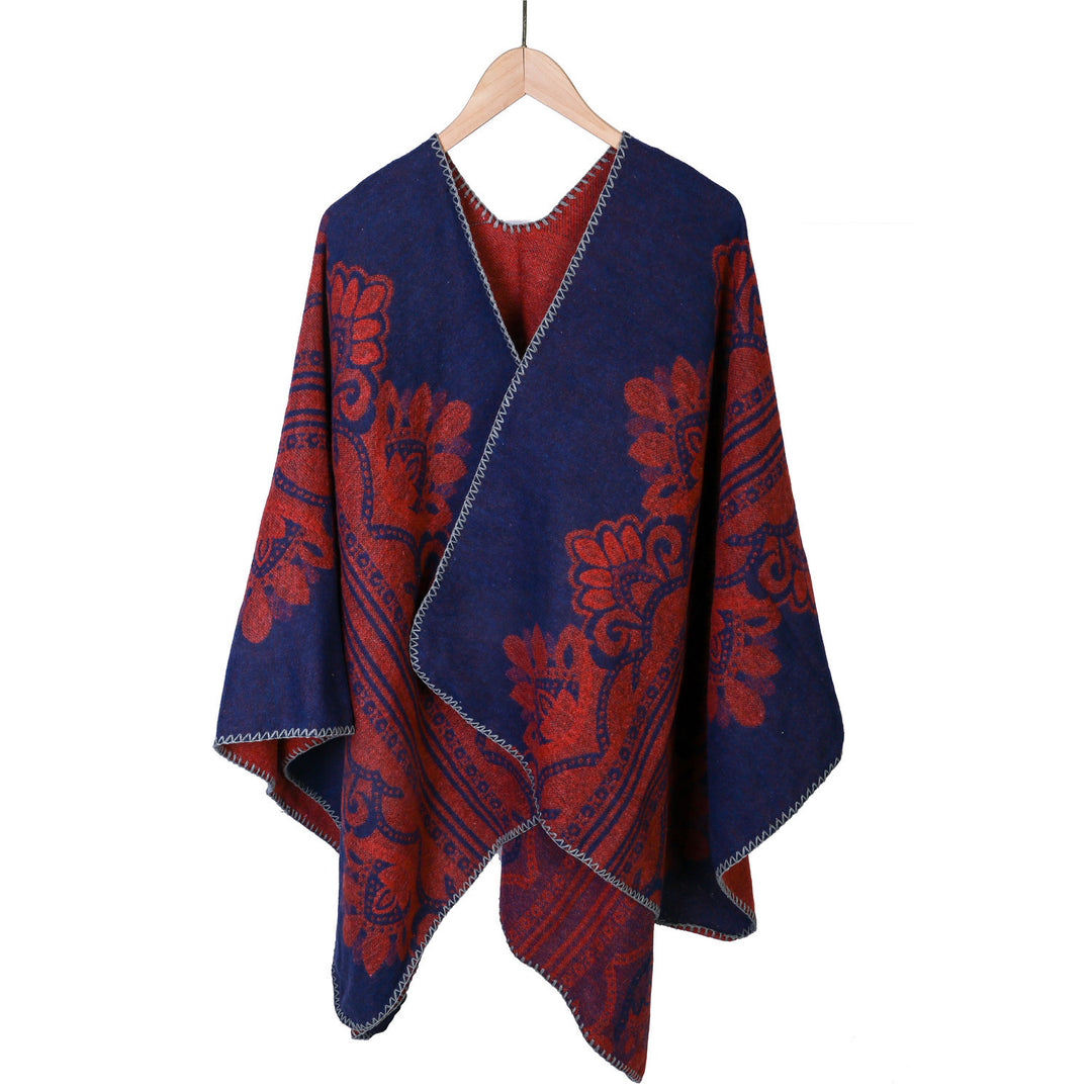 Damen Boho-Ruana mit floralem Ornamentjacquard und ausgefranster Kante Shop Nory