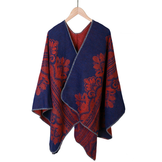 Damen Boho-Ruana mit floralem Ornamentjacquard und ausgefranster Kante Shop Nory
