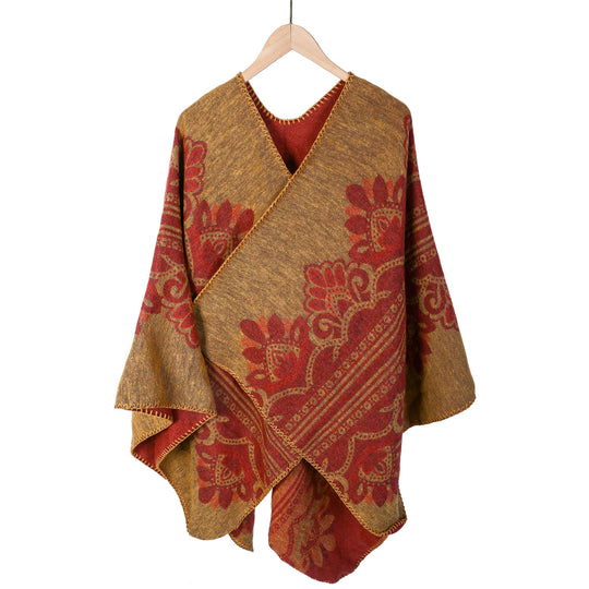 Damen Boho-Ruana mit floralem Ornamentjacquard und ausgefranster Kante Shop Nory