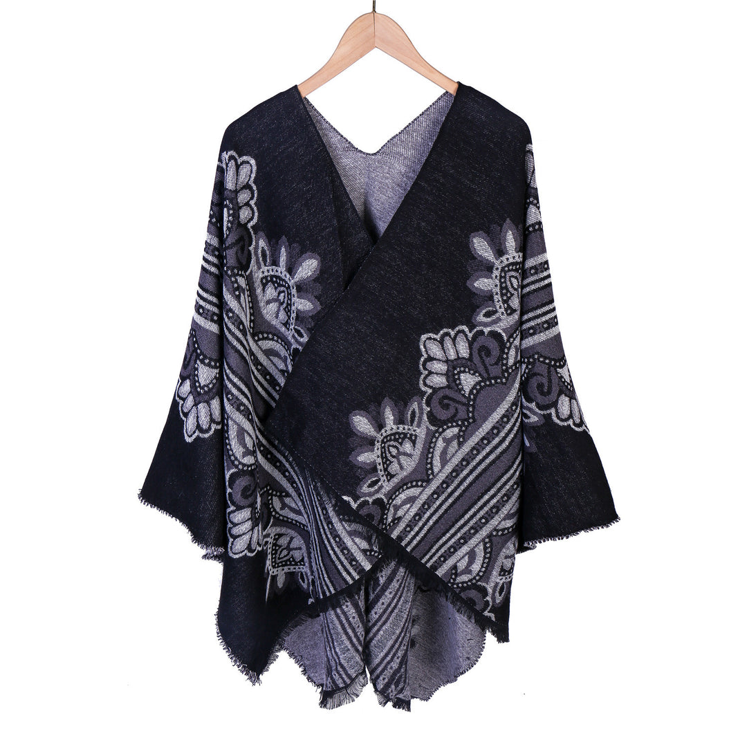 Damen Boho-Ruana mit floralem Ornamentjacquard und ausgefranster Kante Shop Nory