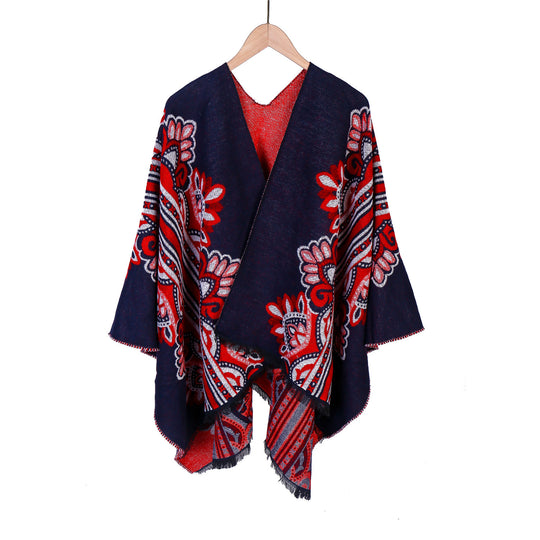 Damen Boho-Ruana mit floralem Ornamentjacquard und ausgefranster Kante Shop Nory