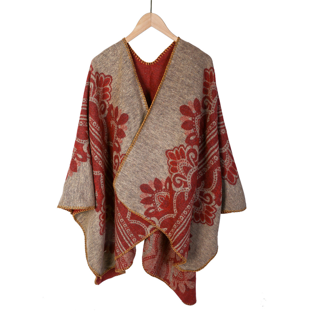 Damen Boho-Ruana mit floralem Ornamentjacquard und ausgefranster Kante Shop Nory