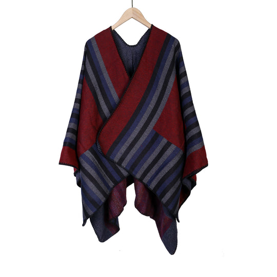 Damen Wendefreundliche Ruana im Oversize mit diagonalen Blockstreifen und dekorativer Zierkante Shop Nory