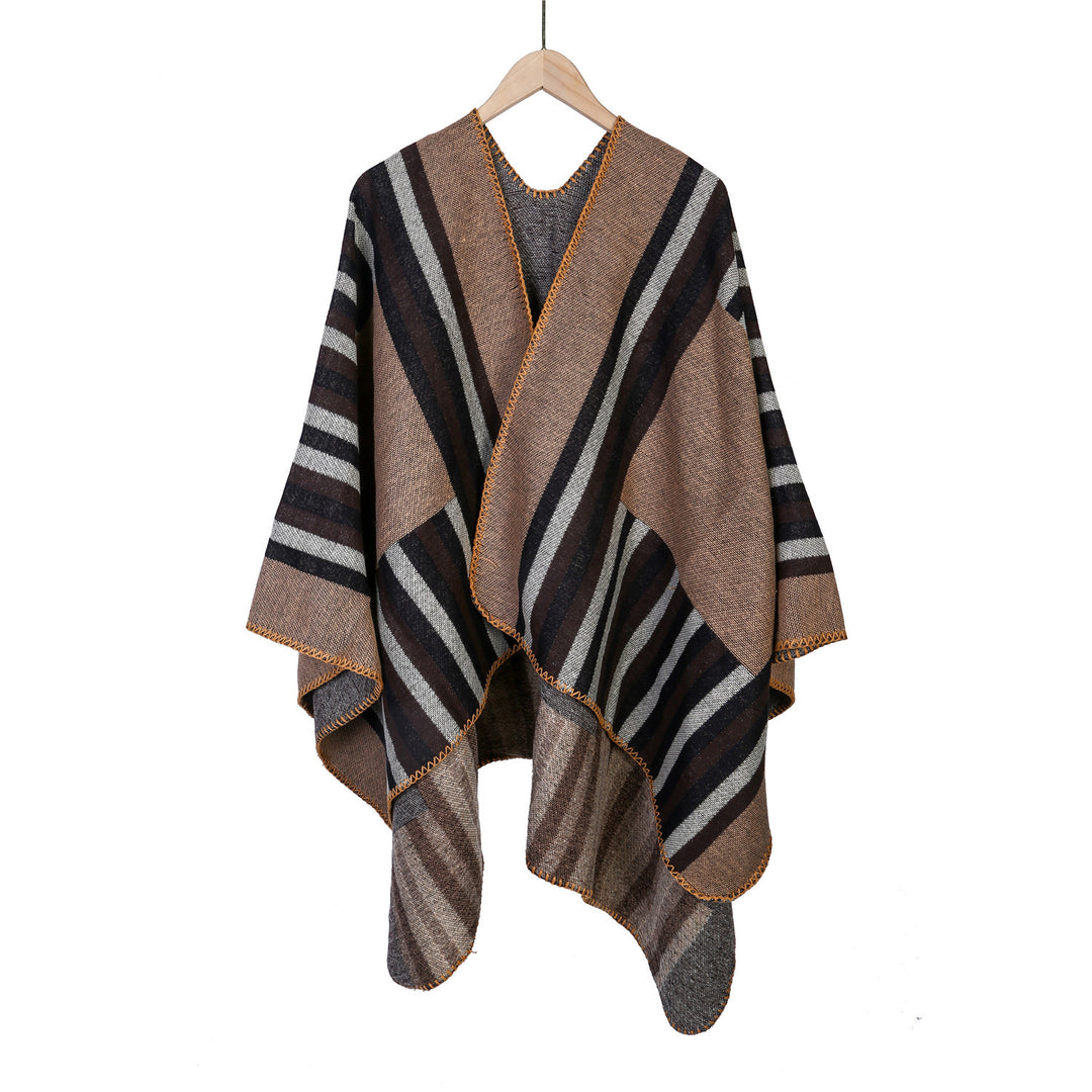 Damen Wendefreundliche Ruana im Oversize mit diagonalen Blockstreifen und dekorativer Zierkante Shop Nory
