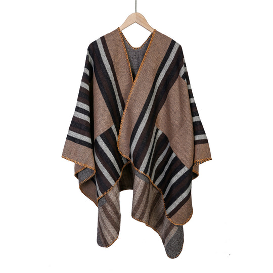 Damen Wendefreundliche Ruana im Oversize mit diagonalen Blockstreifen und dekorativer Zierkante Shop Nory